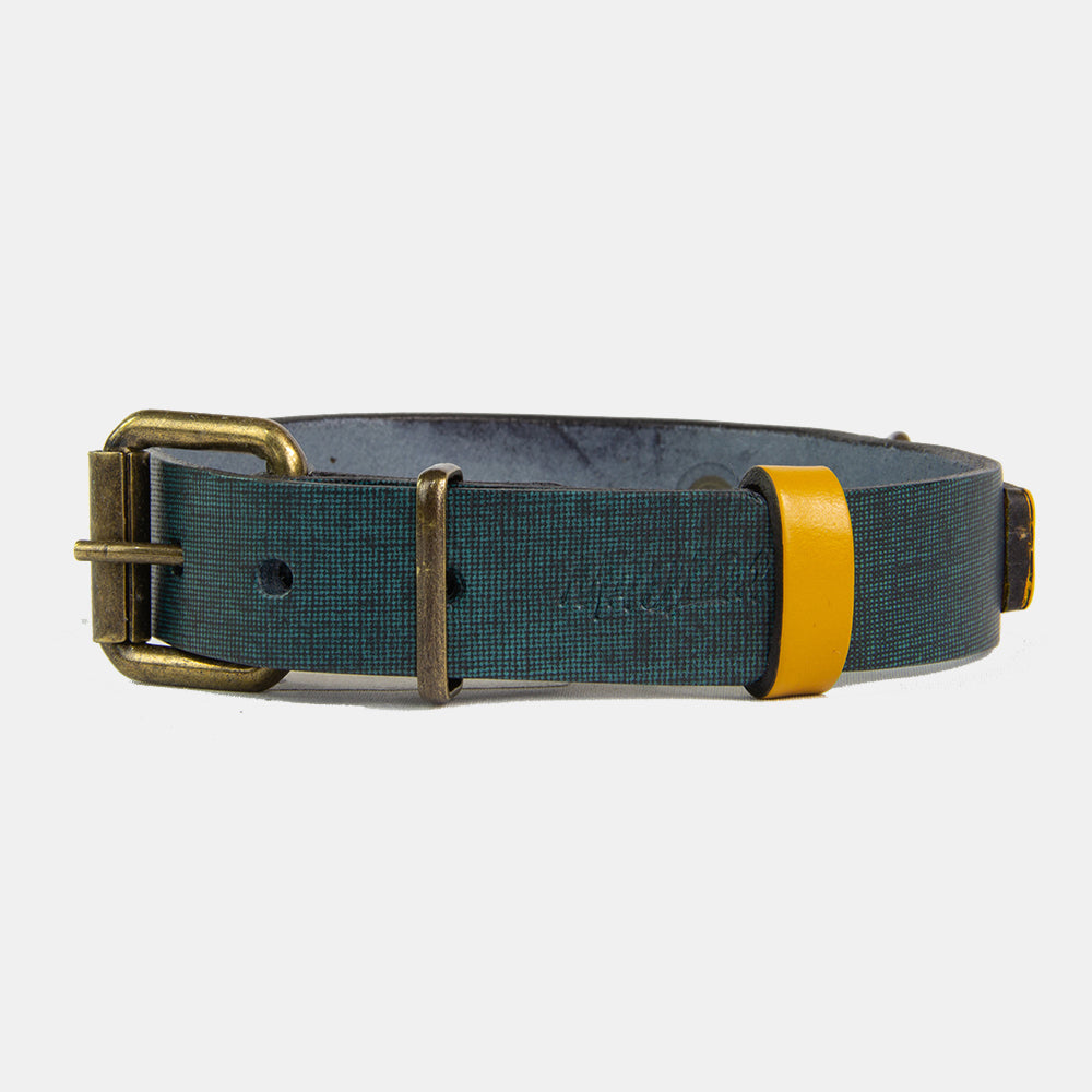 Collar para perro color jeans con amarillo, de cuero y muy resistente, hecho especialmente para perros de raza pequeña, mediana y grande